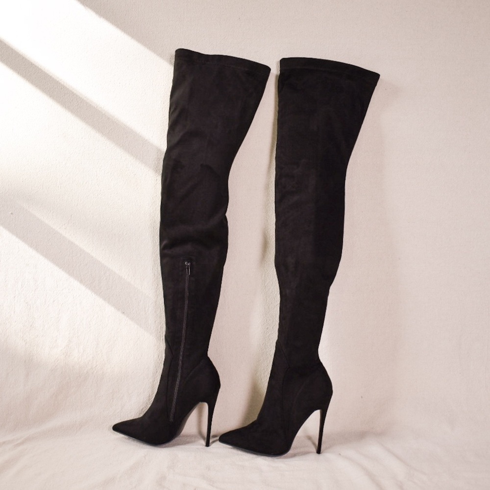 Emmi Black Faux Suede Extreme Thigh High Heeled Boots